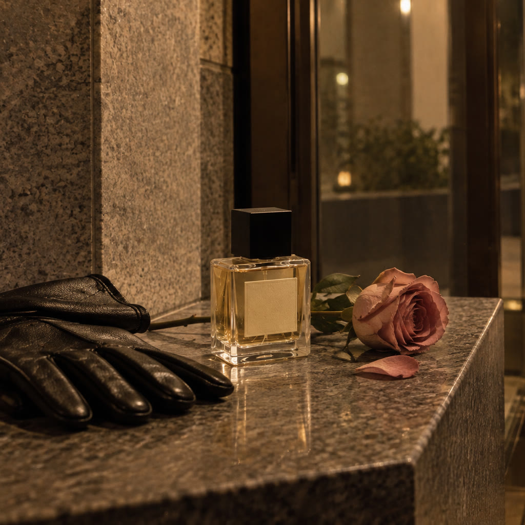 すれ違ったあとの、夜の街。の情景と、香水の瓶。