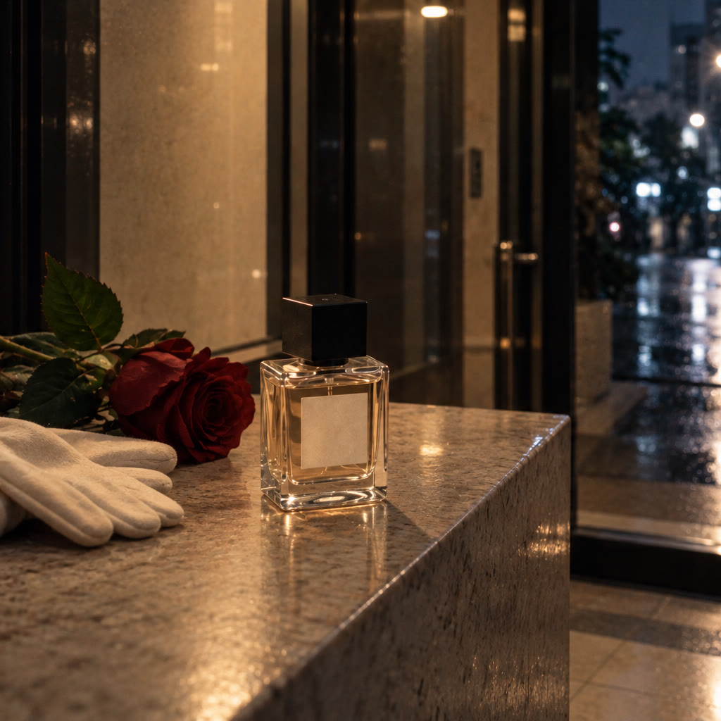 すれ違ったあとの、夜の街。の情景と、香水の瓶。